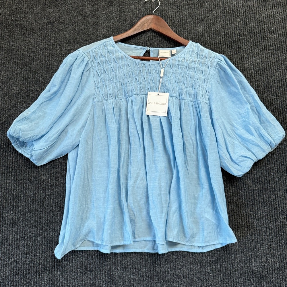 Zac & Rachel Womens Blouse Large Airy Blue Smocked Puff Sleeve Boho NWT